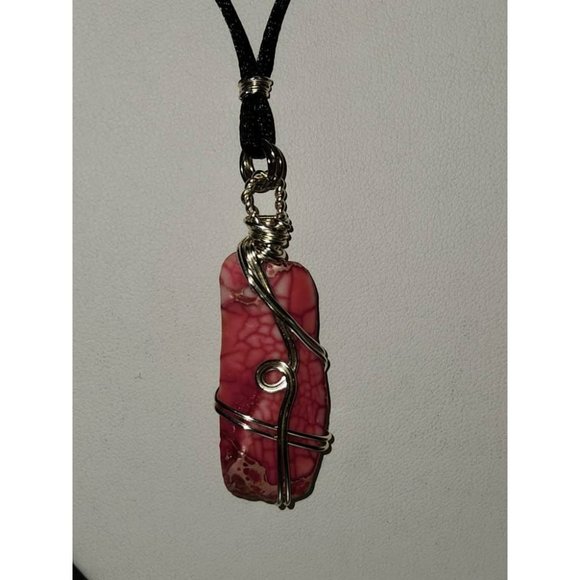 Artisan Wire Wrapped Silver Necklace w/Pink Stone on Adjustable Length Knotted - Picture 2 of 6